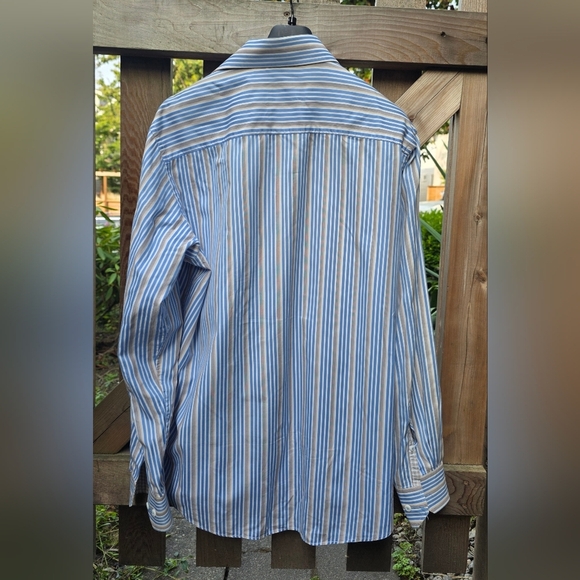 Bugatchi Long Sleeve, Button Down Shirt. Blue/tan/white Stripe. Lg, Cotton - Picture 6 of 9